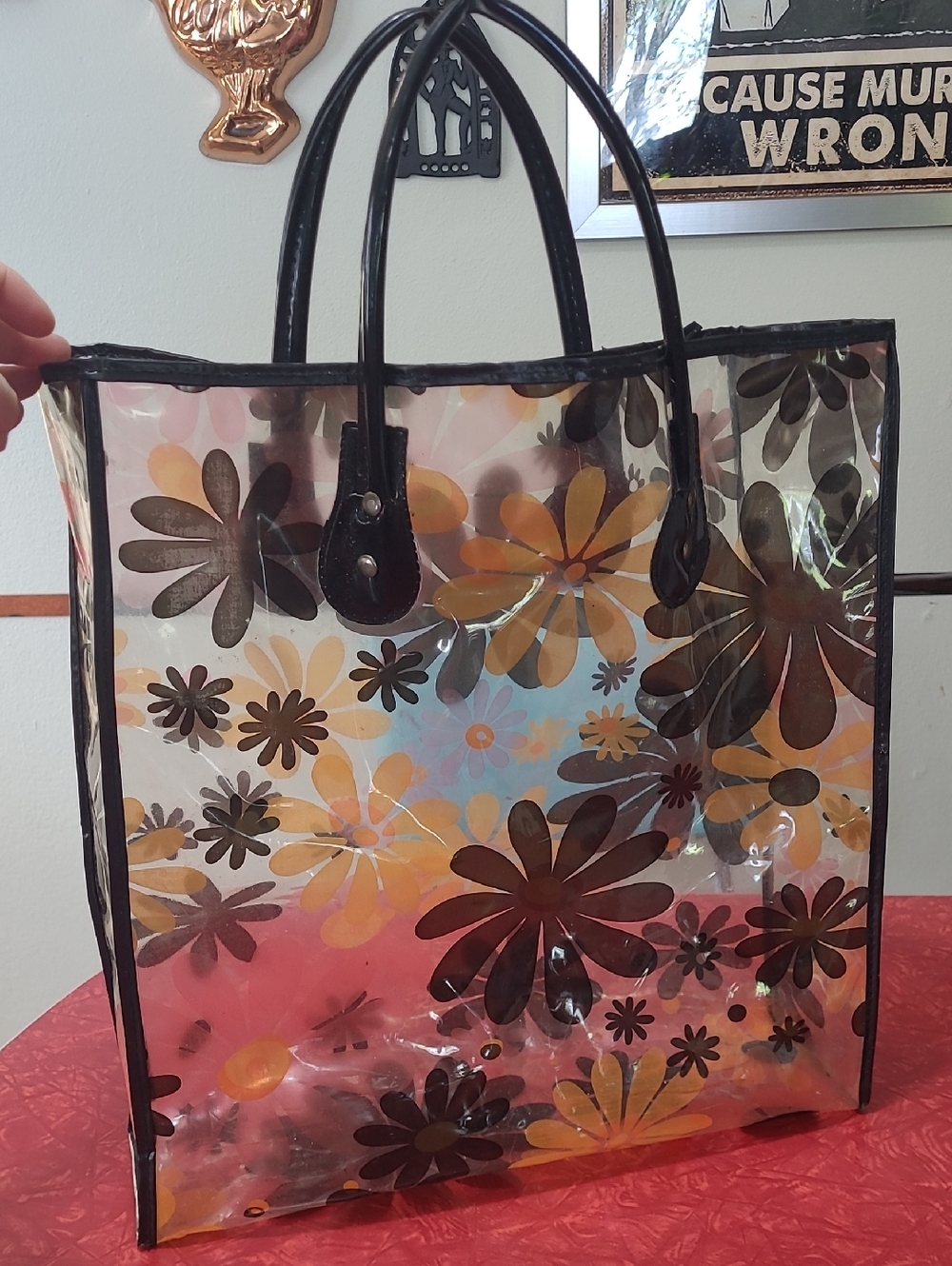 Vintage Clear Floral Tote Bag with Black Trim